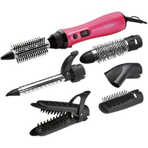 SILVERCREST® PERSONAL CARE Föhnborstel 1000 W - Krulborstel - Krultang - Met 6 opzetstukken - Drogen en stylen met één apparaat - Cool Shot knop om het stylen te fixeren - 2 warmte-/luchtstanden - 360° - Incl. opbergtas - Zwart/roze