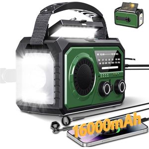 16000mAh noodradio met handaandrijving en draadloze luidspreker - NOAA AM/FM-zonneradio - Zaklamp/telefoonoplader/kompas en SOS-functie - Geschikt voor kamperen en overleven in de wildernis (donkergroen)