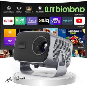 Mrs. Jones 360° draaibare mini-beamer 1080p Android 11.0 wandprojector met luidspreker Netflix auto-focus 2 + 16 GB tv-beamer bluetooth - krachtige projectie .
