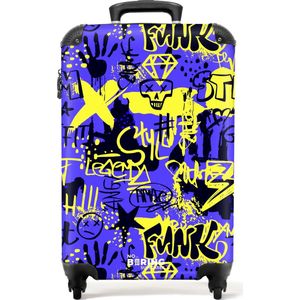 NoBoringSuitcases.com® - Handbagage koffer lichtgewicht - Reiskoffer trolley - Gele en zwarte graffiti op paarse achtergrond - Rolkoffer met wieltjes - Past binnen 55x40x20 en 55x35x25