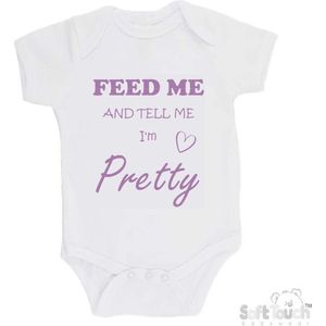 100% katoenen Romper ""Feed me and tell me I'm pretty"" Meisjes Katoen Wit/lila Maat 56/62