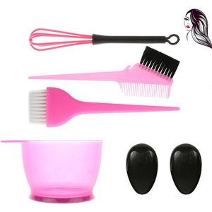 Haarverfkwasten - Haarverf Set 6 Delig - Met oorafdekking - Haarverf Bakje - Verfkwast - Verfkwasten - Uitgroei Verven - Haarverf Borstel - dubbelzijdige borstel - Haar Verven - Haarverfbenodigdheden - Voor Home Salon Haarkleuring Bleken - Roze
