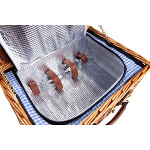 Handgemaakte picknickmand voor 2 personen met koelvak, multifunctioneel mes, roestvrijstalen bestek, porseleinen borden en wijnglazen | BLAUW