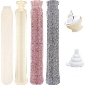 Warmwaterkruik - 2 liter - Chenillegaren Overtrek - Zilvergrijs - Donkerroze - Langwerpig - XXL - Warmtefles - Schouders - Nek - Bedfles