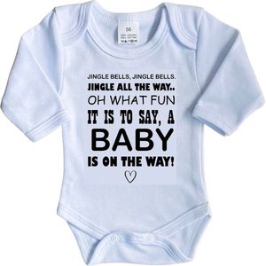 La Petite Couronne Romper Lange Mouw ""Jingle bells Jingle bells, Jingle all the way. Oh what fun it is to say, a baby is on the way"" Unisex Katoen Wit/zwart Maat 62