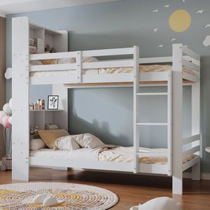 Stapelbed met planken - Houten bed met drie treden, haakse ladder, massief houten bedframe - Wit 90x200cm