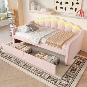 Slaapbank met lades - eenpersoonsbed - zonder matras - fluweel - van kleur verwisselbare LED-strip - 90x200cm - roze