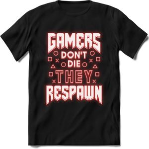 Gamers don't die T-shirt | Neon Rood | Gaming kleding | Grappig game verjaardag cadeau shirt Heren – Dames – Unisex | - Zwart - S