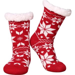 JAXY - Huissokken Dames - Verwarmde Sokken - Anti Slip Sokken - Huissokken - Bedsokken - Warme Sokken - Kerstcadeau Voor Vrouwen - Thermosokken - Dikke Sokken - Fluffy Sokken - Kerstsokken Dames en Heren - Sneeuwvlokken Rood