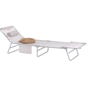 Verstelbare strandligstoel - Tuinligstoel - Opvouwbare ligstoel - Ademende synthetische vezels - Afneembaar kussen - Zijvak - 195 cm x 58 cm x 63 cm - Beige
