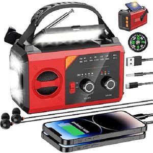 Noodradio - Zwengelradio AM/FM draagbare zonne-radio met led-zaklamp en leeslamp - FM/AM dynamo-radio - IPX4 30.000 mAh oplaadbare noodradio met kompas en SOS-alarm - geschikt voor wandelen kamperen outdoor - Noodradio