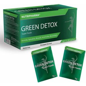 NUTRIPHARMA Green Detox Super Foods 30 zakjes - Mengsel van Ananassmaak - 45 verschillende antioxidanten - 27 vitamines en mineralen - 210 g forx5