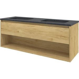 Proline Hardsteen Elegant badmeubelset met wastafelonderkast met open schap en blue stone wastafel zonder kraangaten 140 x 46 x 54,5 cm, ideal oak