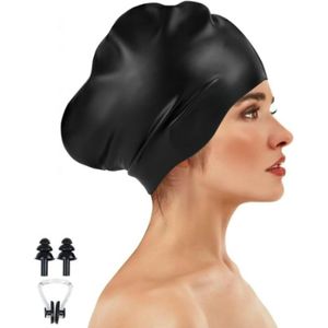 Siliconen badmuts voor lang haar, extra grote badmuts voor dames, badmuts voor heren, badmuts met oordopjes en neusklem, badmuts voor dames (maat S) - zwart