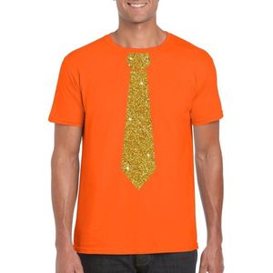 Oranje fun t-shirt met stropdas in glitter goud heren - leuk voor Koningsdag XL
