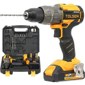 Tolsen Accuboormachine 20V Li-ion Brushless Industrial - Schroef- en klopboormachine - Schroeven, boren, klopboren - 58Nm - Geleverd incl. twee 2.0Ah Li-ion accu's, snellader, bitset, boorset, accessoires en koffer