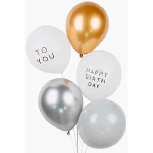 Retro - Vintage Ballonnen Bruintinten - Wit - Happy Birthday to you (zwart) | Effen - Zilvergrijs - Goud - Bruin - Grijs | 5 stuks | Verjaardag - Feest - Fotoshoot - Birthday - Party - Feest | Luxe | Kids - DH collection - Natuur / Basic tinten