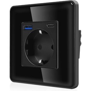 Enkel stopcontact met 2 USB-poorten en kinderbeveiliging - Wandcontactdoos met gebogen glazen plaat