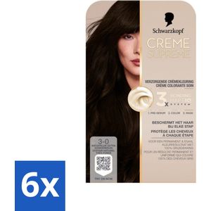 6 x Schwarzkopf - Haarkleuring - Creme Supreme 3-0 - Natuurlijk Extra Donkerbruin - 245g - Permanente Haarkleur - Donkerbruin Haar - Grijsdekking - Haarkleuring Verzorging - Schwarzkopf Creme Supreme