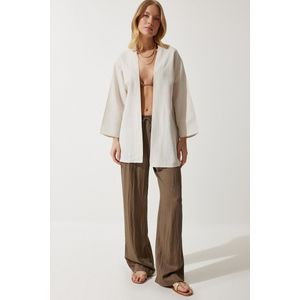 Happinessistanbul Crèmekleurige Losse Linnen Viscosekimono Voor Dames Bh00388
