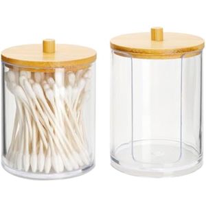 2 stuks wattenstaafjeshouders en wattenschijfdispenser met bamboedeksel, make-up organizer, transparante opbergdoos voor oorstaafjes, wattenpads, tandzijde picks