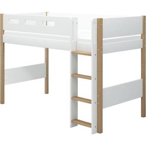 Flexa Bed NOR - Verhoogde halfhoogslaper m. rechte ladder - Wit - 200x90 - MDF en Massief Eiken