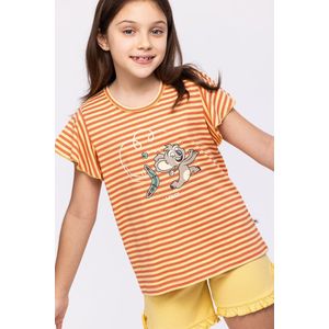Woody Meisjes-Dames Pyjama roest-geel streep - maat 116/6J