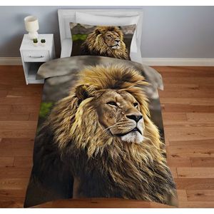 1-persoons dekbedovertrek (dekbed hoes) taupe – bruin met grote wilde leeuw / lion met manen (wilde dieren natuur) KATOEN - SATIJN eenpersoons 140 x 220 cm (beddengoed voor kinderen / kinderkamer)