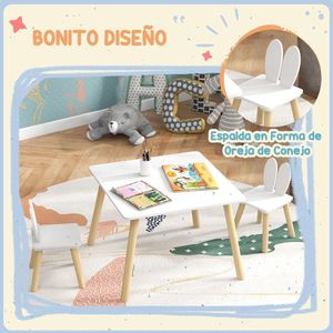 Multifunctionele Kindertafel Set - 2 Kinderstoelen met Vierkante Grote Tafel 60x60cm - Eethoek Set met Konijnenoren - Stijl & Functionaliteit voor de Kinderkamer & Speelruimte- Massief Houten Poten - Strak Vormgegeven Tafel- en Stoelencombinatie- Wit