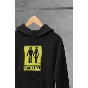 Hoodie - Caution - Wurban Wear | Grappige hoodie | Leuk cadeau | Unisex hoodie | meme | Meme kleding | Viespeuk | Grappige kleding | Grappige trui | Dubbelzinnige kleding | Wit & Zwart