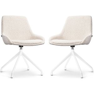 Nolon Nola-Isa Eetkamerstoelen Set van 2 Bouclé Beige - Draaibaar - Stof - Wit Onderstel - Design - Scandinavisch - Comfortabel