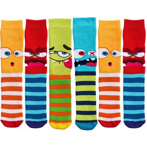 Kindersokken | Antislip zool | Badstof gevoerd | Thema: Gezichten | Maat: Diverse maten | 6 paar