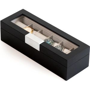 6-Slot Houten Horloge Box Met Metalen Clip En Echt Glas Zwart - Modern en Stijlvol