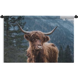 Wandkleed - Wanddoek - Schotse hooglander - Bos - Den - 120x80 cm - Wandtapijt