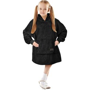 Kinderhoodie-deken - oversized knuffelhoodie voor kinderen - meisjes en jongens - knuffelfleece draagbare deken - sherpa - wollige enorme capuchon - sweatshirt voor jongeren - zwart