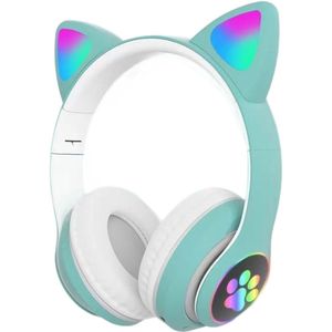 longziming Draadloze Kinder Koptelefoon – Cat Headphones met LED Oortjes – Bluetooth Hoofdtelefoon– Bluetooth 5.0 – Licht Groen – Met Verlichting – Opvouwbare opbergruimte – Groen en wit