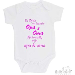 100% katoenen Romper ""De liefste en leukste Opa & Oma zijn toevallig mijn opa & oma"" Meisjes Katoen Wit/Fluor Pink Maat 56/62