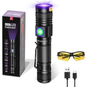 WNHB® UV Zaklamp 365nm Oplaadbaar – Krachtige Zwart Licht LED met UV-Bril – Mini Blacklight voor Huisdier Urine Detectie en Schoonmaakcontrole