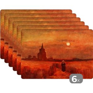 Placemat - Placemats kunststof - De oude toren op de gebieden - Vincent van Gogh - 45x30 cm - 6 stuks - Hittebestendig - Anti-Slip - Onderlegger - Afneembaar