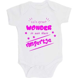100% katoenen Romper ""zo'n groot wonder in een klein rompertje"" Meisjes Katoen Wit/Fluor Pink Maat 56/62