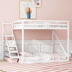 Sweiko 140x200 Verhoogd bed met Veiligheidsladder, Massief houten tweepersoonsbed, Vlak noedelsframe, geschikt voor kinderen, tieners en volwassenen Wit