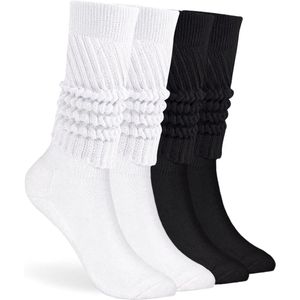 2 paar zachte extra lange dikke scrunchy-kousen voor dames - kniekousen in de herfst en winter - zwart/wit Meerkleurig L