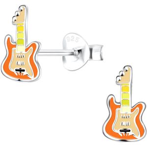 Joy|S - Zilveren gitaar oorbellen - 5 x 9 mm - oranje geel - kinderoorbellen