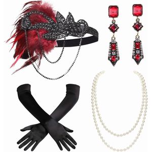 jaren '20 flapperset voor dames, Gatsby-kostuum, accessoireset inclusief hoofdband, halsketting, handschoenen, sigarettenhouder