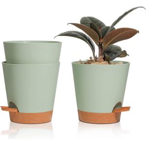 Kunststof Bloempot Groen - Set van 3 - Rond met Bewateringssysteem - Φ5.5cm
