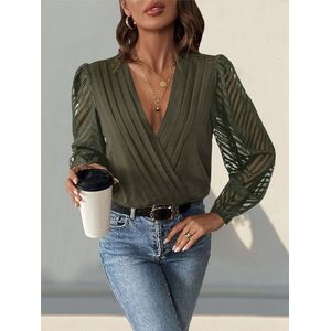 Damestops Diepe V-hals Kruiswikkel Sexy Tops Polka Dot Mesh Lange Mouw T-shirt Casual Blouses