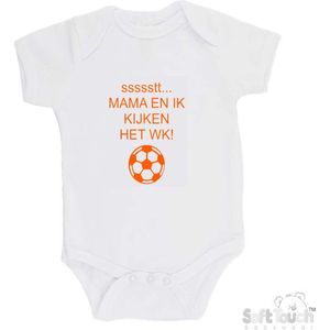 100% katoenen Romper ""ssssstt Mama en ik kijken het WK"" Unisex Katoen Wit Oranje Maat 62/68