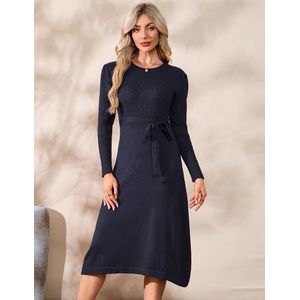 Dames Gebreide Jurk Winter Lange Mouw Trui Jurk Feestelijke Elegante Wikkeljurk Knielange Winterjurk Met Riem Marineblauw XL