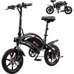 DYU elektrische fiets, 14 inch stads-e-bike opvouwbaar, slimme e-bike met trapondersteuning, 36 V 10 Ah batterij, 3 rijmodi, nachtverlichting, compact draagbaar, opvouwbare pedelec met schokdemper