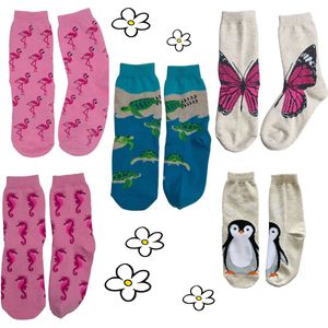 Nature Planet -kindersokken - set van 5 paar sokken - flamingo - vlinder - zeepaardje - pinquin - schildpad (100% Oeko-tex gecertificeerd) maat 29-34